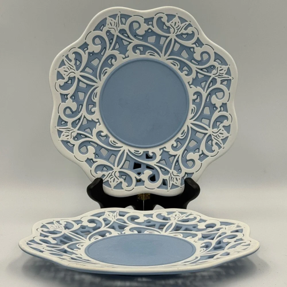 PartyLite Blue & White Pierced Cameo Pillar Plate Set of 2 - Picture 1 of 5